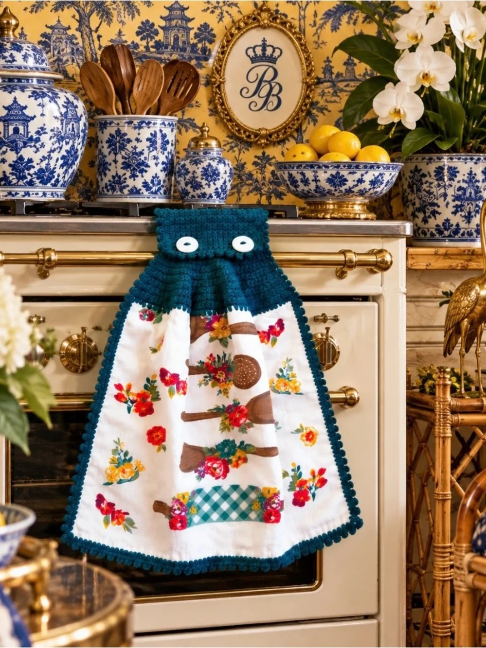 Pioneer Woman Handmade Crochet Hanging Kitchen Towel Teal Floral Utensils
